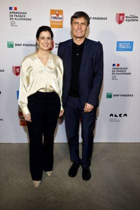 The two award winners Leila Hamid and Martin Kochendoerfer both X Verleih AG at the award ceremony of the Order of the Chevalier for Art and Literature during the Berlinale Soiree Francaise du Cinema at the French Embassy on 19 02 2024 in Berlin Berlinale Soiree Francaise 2024 Award of the Chevalier Order for Leila Hamid Martin Kochendoerfer