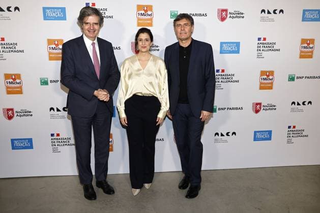 Francois Delattre, the French Ambassador with the two award winners Leila Hamid and Martin Kochendoerfer both X Verleih AG at the award ceremony of the Order of the Chevalier for Art and Literature during the Berlinale Soiree Francaise du Cinema at the French Embassy on 19 02 2024 in Berlin Berlinale Soiree Francaise 2024 Award of the Ch
