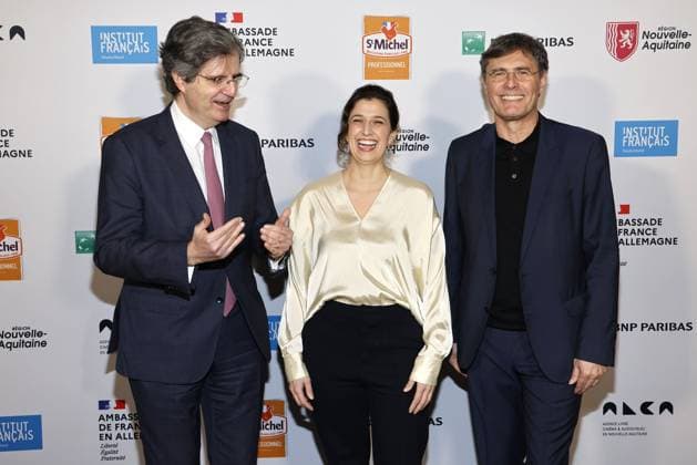 Francois Delattre, the French Ambassador with the two award winners Leila Hamid and Martin Kochendoerfer both X Verleih AG at the award ceremony of the Order of the Chevalier for Art and Literature during the Berlinale Soiree Francaise du Cinema at the French Embassy on 19 02 2024 in Berlin Berlinale Soiree Francaise 2024 Award of the Ch
