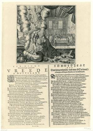 RECORD DATE NOT STATED Allegory on the Peace of Osnabrück, 1648, Crispijn van de Passe (II) (Attributed to), 1648 print Allegory on the Peace of Osnabrück, 1648. Leaf with a print and a poem in Dutch and in German. The performance shows how the peace, who was descended from heaven, wipes the tears of the face of the kneeling personification of Germany. On the broken symbols of the war. In the background the signing and the announcement of the peace treaty. Northern Netherlands paper engraving letterpress printing peace and prosperity, Pax et Abundantia . signing of peace treaty, concluding the peace Copyright: xpiemagsx rknbpie02022024-27188 !ACHTUNG AUFNAHMEDATUM GESCHÄTZT!