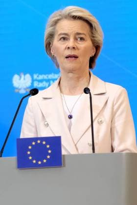 RECORD DATE NOT STATED Warszawa KPRM 23.02.2024 Spotkanie premiera Donalda Tuska z premierem Krolestwa Belgii Alexandrem De Croo oraz przewodniczaca Komisji Europejskiej Ursula von der Leyen N Z Ursula von der Leyen FOT.TEDI NEWSPIX.PL Warsaw Chancellery of the Prime Minister 23 02 2024 Meeting of Prime Minister Donald Tusk with the Prime Minister of the Kingdom of Belgium, Alexander De Croo, and the President of the European Commission, Ursula von der Leyen --- Newspix.pl  TEDI230224_052