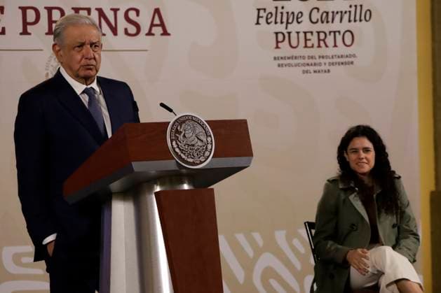 February 23, 2024, Mexico City, Mexico: The president of Mexico, Andres Manuel Lopez Obrador, and the Secretary of the Interior, Luisa Maria Alcalde, at the daily morning briefing before reporters at the National Palace in Mexico City. on February 23, 2024 in Mexico City, Mexico Mexico City Mexico - ZUMAe321 20240223_zia_e321_001 Copyright: xLuisxBarronx