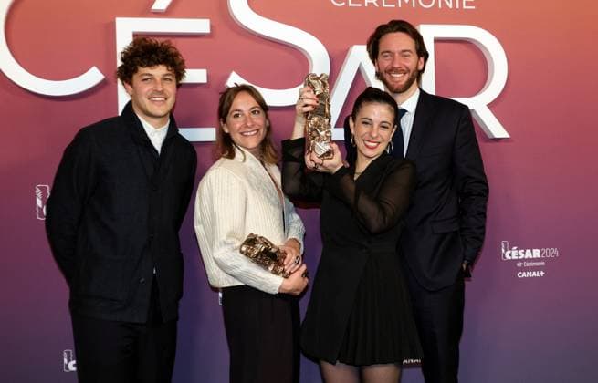 Photocall des laurÃ ats (press room) lors de la 49eme Ã dition de la cÃ rÃ monie des CÃ sar Ã l?Olympia Ã Paris Thibault de Gantes, Ninon Chapuis, Gala Hernandez Lopez et Lucas Le Postec, CÃ sar du meilleur court mÃ trage d animation pour EtÃ 96 - Photocall des laurÃ ats (press room) lors de la 49eme Ã dition de la cÃ rÃ monie des CÃ sar Ã l?Olympia Ã Paris le 23 fÃ vrier 2024 Dominique Jacovides Olivier Borde Bestimage Press room during 49th Cesar Film Awards at L Olympia on February 23, 2024 in Paris Paris France  Copyright: xBORDE-JACOVIDESx xBESTIMAGExBORDE-JACOVIDESx xBESTIMAGEx