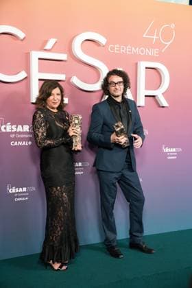 49eme ceremonie des CESAR - Salle de presse Phtocall des laureats. 49th CESAR ceremony awards. Photocall of winners : Kaouther Ben Hania, Nadim Cheikhrouha 302003 2024-02-24 Olympia  Copyright: xIvankaxVoisinx xStarfacex STAR_302003_067