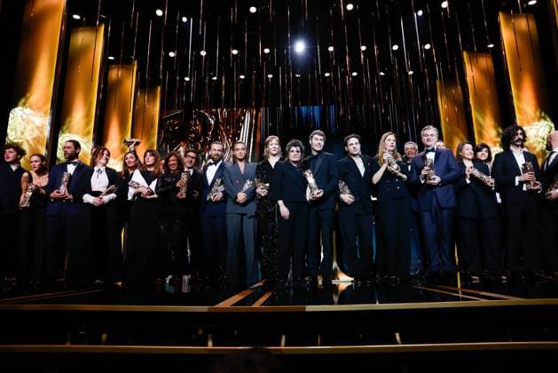 49eme ceremonie des CESAR. Salle. 49th Cesar Ceremony. Stage. index final finale sur scene photo de famille 302014 2024-02-24 Paris France Triet, Justine; Nolan, Christopher; Harari, Arthur; Jaoui, Agnes; Lemercier, ValÃ rie; Exarchopoulos, Adele  Copyright: xRomualdxMeigneuxx xStarfacex STAR_302014_193