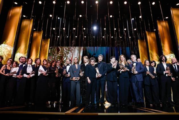 49eme ceremonie des CESAR. Salle. 49th Cesar Ceremony. Stage. index final finale sur scene photo de famille 302014 2024-02-24 Paris France Triet, Justine; Nolan, Christopher; Harari, Arthur; Jaoui, Agnes; Lemercier, ValÃ rie; Exarchopoulos, Adele  Copyright: xRomualdxMeigneuxx xStarfacex STAR_302014_194