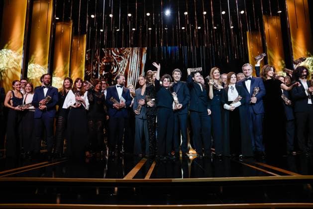 49eme ceremonie des CESAR. Salle. 49th Cesar Ceremony. Stage. index final finale sur scene photo de famille 302014 2024-02-24 Paris France Triet, Justine; Nolan, Christopher; Harari, Arthur; Jaoui, Agnes; Lemercier, ValÃ rie; Exarchopoulos, Adele  Copyright: xRomualdxMeigneuxx xStarfacex STAR_302014_197