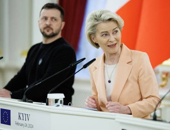 Ukraine president Volodymyr Zelensky and European Commission president Ursula Von der Leyen pictured during a joint press conference, in Kyiv, Ukraine, Saturday 24 February 2024. Belgian Prime Minister and European Commission President are on a visit in Ukraine, on the day of the second year anniversary of the start of the conflict with Russia.  BENOITxDOPPAGNE 86872891