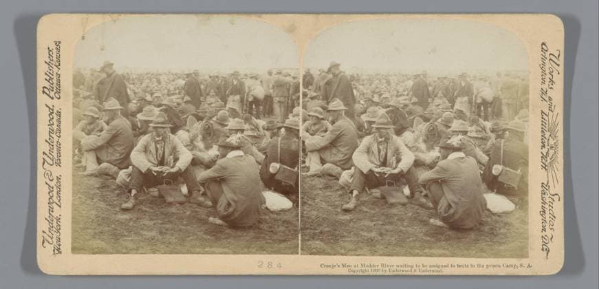 RECORD DATE NOT STATED Caught Farmers Wait at the Modder River, South Africa, Anonymous, 1900 stereograph Modderrivierpublisher: New York (city) (possibly) cardboard. paper albumen print prisoner of war (after the battle) Modder River Copyright: xpiemagsx rknbpie11012024-30939 !ACHTUNG AUFNAHMEDATUM GESCHÄTZT!