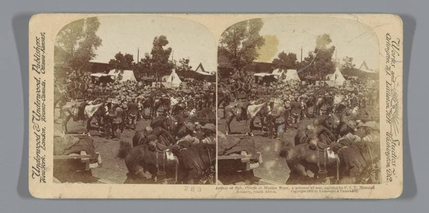 RECORD DATE NOT STATED Piet CronjÃ , General of the Farmers, was trapped by the British at the mud river, Anonymous, 1901 stereograph Modderrivierpublisher: New York (city) (possibly) cardboard. paper albumen print prisoner of war (after the battle) Modder River Copyright: xpiemagsx rknbpie11012024-30940 !ACHTUNG AUFNAHMEDATUM GESCHÄTZT!