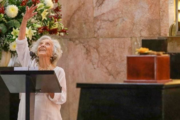 Posthumous Tribute For The writer Jose Agustin Ramirez February 25, 2024, Mexico City, Mexico: Writer and novelist Elena Poniatowska speaks during the posthumous tribute for the novelist Jose Agustin Ramirez at the Palace of Fine Arts in Mexico City. Mexico City CDMX Mexico Copyright: xLuisxBarronxxxEyepixxGroupx