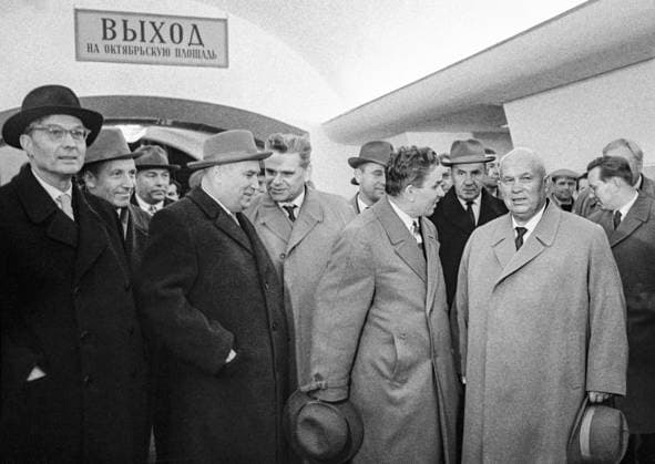 Moscow, USSR. Secretary of the CPSU Central Committee Mikhail Suslov, Second Secretary of the CPSU Central Committee Frol Kozlov, Head of the State Construction Department of the Moscow Metro (Moscow Metrostroy) Vasily Polezhaev, First Secretary of the CPSU Central Committee, Chairman of the USSR Council of Ministers Nikita Khrushchev (L-R front), Head of the Lenin Moscow Metro Alexander Novokhatsky (C back) and First Deputy Chairman of the USSR Council of Ministers Alexei Kosygin (2nd R back) inspect the Oktyabrskaya station at the opening ceremony of the new Kaluzhskaya line of the Lenin Moscow Metro. The highest quality available. Leonid Velikzhanin, Valentin Sobolev TASS  67329534