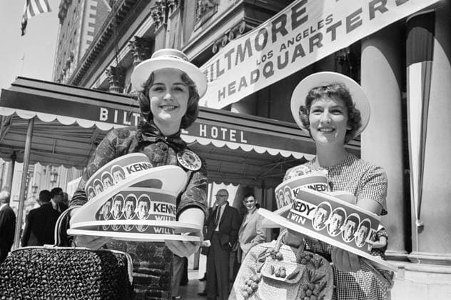 Two women selling hats supporting Senator John F. Kennedy outside Biltmore Hotel during Democratic National Convention, Los Angeles, California, USA, Warren K. Leffler, U.S. News & World Report Magazine Photograph Collection, July 13, 1960 Two women selling hats supporting Senator John F. Kennedy outside Biltmore Hotel during Democratic National Convention, Los Angeles, California, USA, Warren K. Leffler, U.S. News & World Report Magazine Photograph Collection, July 13, 1960. Copyright: 1010_05_ghi-circa12272