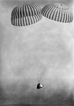 Apollo 9 spacecraft, with astronauts James A. McDivitt, David R. Scott, and Russell L. Schweickart aboard, approaching splashdown in Atlantic Ocean recovery area, NASA, March 13, 1969 Apollo 9 spacecraft, with astronauts James A. McDivitt, David R. Scott, and Russell L. Schweickart aboard, approaching splashdown in Atlantic Ocean recovery area, NASA, March 13, 1969. Copyright: 1010_05_ghi-circa12449