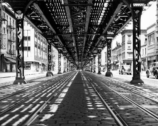 Street scene showing streetcar tracks and underside of elevated railway tracks, New York City, New York, USA, Angelo Rizzuto, Anthony Angel Collection, June 1950 Street scene showing streetcar tracks and underside of elevated railway tracks, New York City, New York, USA, Angelo Rizzuto, Anthony Angel Collection, June 1950. Copyright: 1010_45_ghi-circa12337