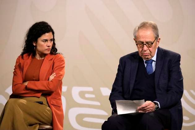 February 27, 2024, Mexico City, Mexico: Minister of Interior Luisa Maria Alcalde Lujan and Health Minister Jorge Alcocer Varela, during the Mexico s President Lopez Obrador briefing conference at the National Palace. on February 27, 2024 in Mexico City, Mexico Mexico City Mexico - ZUMAe321 20240227_zia_e321_007 Copyright: xLuisxBarronx