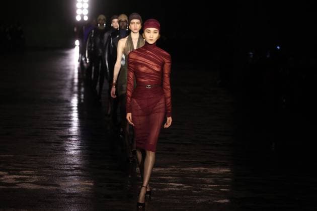 PFW - Saint Laurent Runway A model walks the runway ring the Saint Laurent Womenswear Fall Winter 2024-2025 show as part of Paris Fashion Week on February 27, 2024 in Paris, France. Photo by Jerome DominÃ ABACAPRESS.COM  Copyright: xDominexJerome ABACAx