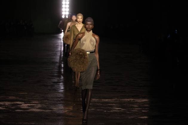 PFW - Saint Laurent Runway A model walks the runway ring the Saint Laurent Womenswear Fall Winter 2024-2025 show as part of Paris Fashion Week on February 27, 2024 in Paris, France. Photo by Jerome DominÃ ABACAPRESS.COM  Copyright: xDominexJerome ABACAx
