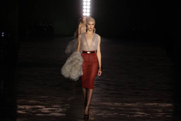 PFW - Saint Laurent Runway A model walks the runway ring the Saint Laurent Womenswear Fall Winter 2024-2025 show as part of Paris Fashion Week on February 27, 2024 in Paris, France. Photo by Jerome DominÃ ABACAPRESS.COM  Copyright: xDominexJerome ABACAx