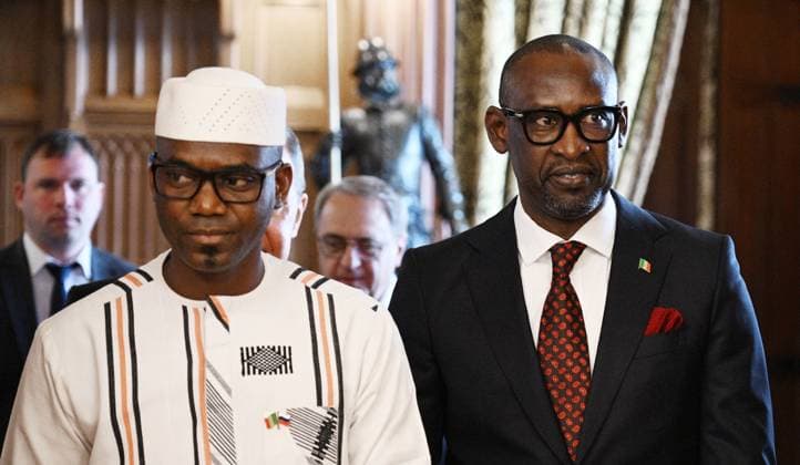 Russia Mali 8630354 28.02.2024 Mali s Foreign Minister Abdoulaye Diop and Mali s Defence Minister Colonel Sadio Camara, left, are seen before their meeting with Russian Foreign Minister Sergey Lavrov at the Russian Foreign Ministry s Reception House, in Moscow, Russia. Alexey Filippov Sputnik Moscow Russia  Copyright: xAlexeyxFilippovx
