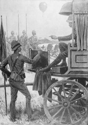 Illustrated London News record of Transvall War 1899-1900. The chievements of the home and colonial forces in the great conflict with the Boer Republics. Spencer Wilkinson record.General Lord Methuen, with Colonel Douglas, Chief of Staff, directing the battle of Magersfontein. from a sketch by special artis Mr Fredrick Villiers. Lord Methuen was wounded at Modder river and had not yet recovered,was seated in a native cart,extract from Villiers letter Copyright: DesignxPicsx xJohnxShort 902_05_12451716HighRes