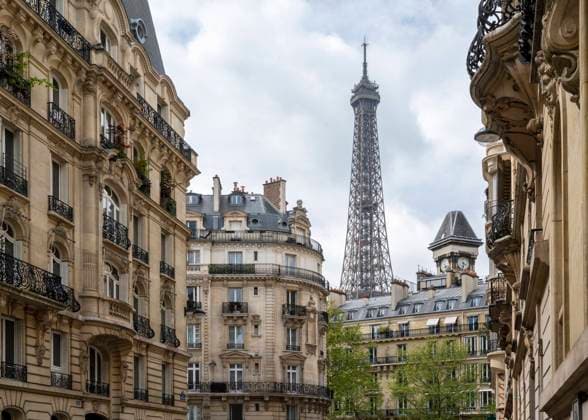 Eiffel Tower behind residential buildings in Paris, France, ALRF02107