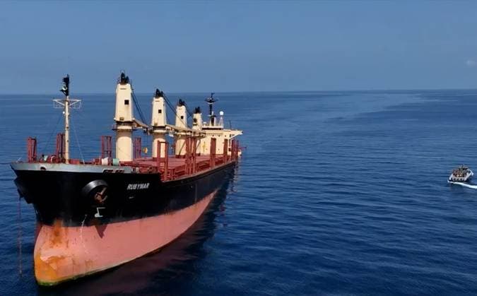 (240303) -- ADEN, March 3, 2024 -- This undated photo provided by Yemeni government shows the British cargo ship Rubymar, which was attacked by the Houthi group on Feb. 18, 2024, anchoring near the coast of Yemen. Yemen s internationally recognized government announced on Saturday the cargo ship Rubymar sank off the coast of Yemen Friday night amid stormy weather conditions. The British-owned, Belize-flagged ship carries thousands of tons of fertilizer and oil. The government expressed regret over the sinking, warning against a possible major environmental disaster in Yemen s territorial waters. YEMEN-BRITISH CARGO SHIP-SINKING WangxShang 