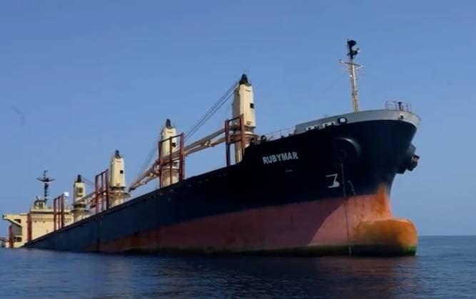 (240303) -- ADEN, March 3, 2024 -- This undated photo provided by Yemeni government shows the British cargo ship Rubymar, which was attacked by the Houthi group on Feb. 18, 2024, anchoring near the coast of Yemen. Yemen s internationally recognized government announced on Saturday the cargo ship Rubymar sank off the coast of Yemen Friday night amid stormy weather conditions. The British-owned, Belize-flagged ship carries thousands of tons of fertilizer and oil. The government expressed regret over the sinking, warning against a possible major environmental disaster in Yemen s territorial waters. YEMEN-BRITISH CARGO SHIP-SINKING WangxShang 