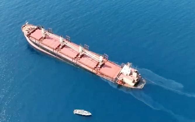 (240303) -- ADEN, March 3, 2024 -- This undated photo provided by Yemeni government shows the British cargo ship Rubymar, which was attacked by the Houthi group on Feb. 18, 2024, anchoring near the coast of Yemen. Yemen s internationally recognized government announced on Saturday the cargo ship Rubymar sank off the coast of Yemen Friday night amid stormy weather conditions. The British-owned, Belize-flagged ship carries thousands of tons of fertilizer and oil. The government expressed regret over the sinking, warning against a possible major environmental disaster in Yemen s territorial waters. YEMEN-BRITISH CARGO SHIP-SINKING WangxShang 