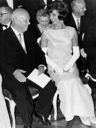 Nikita Kroutchev et Jackie Kennedy (wearing pink silk and sequins dress by Oleg Cassini created in 1961) during diner at Schonbrunn palace in Vienna June 03, 1961 1706952 Nikita Kroutchev et Jackie Kennedy (wearing pink silk and sequins dress by Oleg Cassini created in 1961) during diner at Schonbrunn palace in Vienna June 03, 1961 by Unknown photographer, (20th century); (add.info.: Nikita Kroutchev et Jackie Kennedy (wearing pink silk and sequins dress by Oleg Cassini created in 1961) during diner at Schonbrunn palace in Vienna june 03, 1961). Copyright: xBridgemanxImagesx 1706952