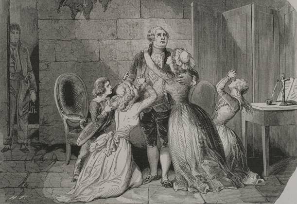 Louis XVI. Louis XVI (1754-1793). King of France (1774-1792). In 1770 he married Marie-Antoinette. Louis XVI farewells his wife and children on the night of 20 January 1793. On the following morning he was guillotined on a gallows installed in the Place de la Revolution in Paris. Engraving. Los Heroes y las Grandezas de la Tierra . Volume V. 1855 Copyright: 953_05_353-41841