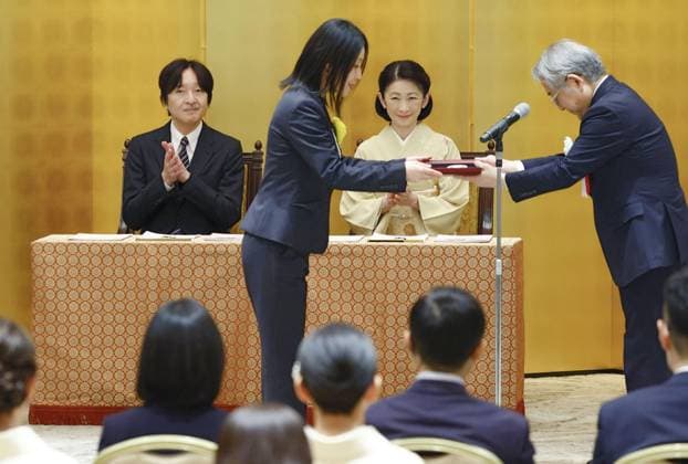 Japan crown prince, crown princess at ceremony Japanese Crown Prince Fumihito (facing camera, sitting) and Crown Princess Kiko attend an award ceremony for winners of the Japan Society for the Promotion of Science award and the Japan Academy Medal in Tokyo on March 7, 2024.  A14AA0002567893P