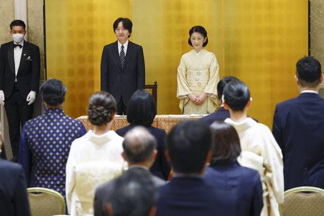Japan crown prince, crown princess at ceremony Japanese Crown Prince Fumihito (facing camera, 2nd from L) and Crown Princess Kiko attend an award ceremony for winners of the Japan Society for the Promotion of Science award and the Japan Academy Medal in Tokyo on March 7, 2024.  A14AA0002567927P