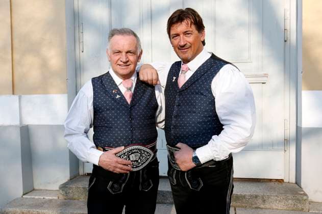 Otto Demetz and Joakin Stuffer Die Ladiner before the concert Kings of folk music Marianne Michaels farewell tour in the Zerbst town hall, 07 03 2024 Foto:xR.xStoffelsx xFuturexImagex volksmusik_4320