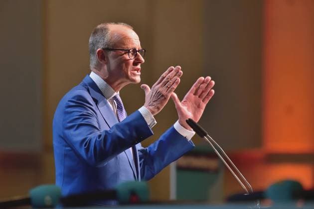 News Bilder des Tages 8.3.2024 CDU in Stuttgart CDU Regionalkonferenz in Stuttgart. Friedrich Merz, Vorsitzender der Partei während seiner Rede. Stuttgart Carl Benz Arena Baden Württemberg Deutschland *** 8 3 2024 CDU in Stuttgart CDU regional conference in Stuttgart Friedrich Merz, Chairman of the party during his speech Stuttgart Carl Benz Arena Baden Württemberg Germany