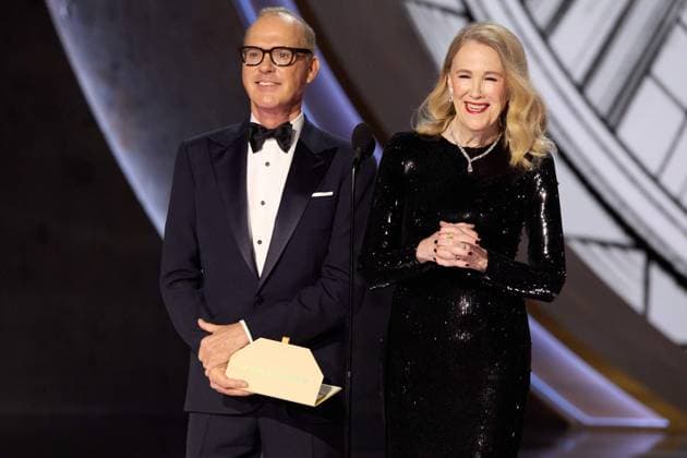 Michael Keaton and Catherine O Hara present the OscarÂ® for Production Design during the live ABC telecast of the 96th OscarsÂ® at the DolbyÂ® Theatre at Ovation Hollywood on Sunday, March 10, 2024.  Copyright: xx 34653-737PLX