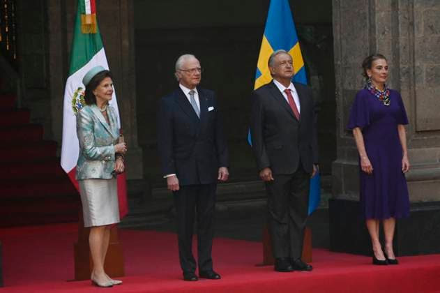 Swedish Royals Visit Mexico - Day 1 March 12, 2024, Mexico City, Mexico: Swedish Queen Silvia, Swedish King Carl XVI Gustaf, Mexico s President Andres Manuel Lopez Obrador and Beatriz GutiÃ rrez Müller attend a welcoming ceremony on the first day of the Swedish State visit to Mexico at the National Palace. on March 12, 2024 in Mexico City, Mexico. (Photo by Carlos Tischler Eyepix Group ABACAPRESS.COM) Mexico City Mexico  Copyright: xTischlerxCarlos Eyepix ABACAx