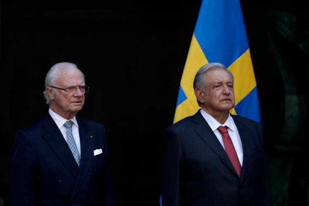 Swedish Royals Visit Mexico - Day 1 March 12, 2024, Mexico City, Mexico: Swedish Queen Silvia, Swedish King Carl XVI Gustaf, Mexico s President Andres Manuel Lopez Obrador attend a welcoming ceremony on the first day of the Swedish State visit to Mexico at the National Palace. on March 12, 2024 in Mexico City, Mexico. (Photo by Luis Barron Eyepix Group) Copyright: xLuisxBarronxEyepixxGroupx LB_12032024_114058