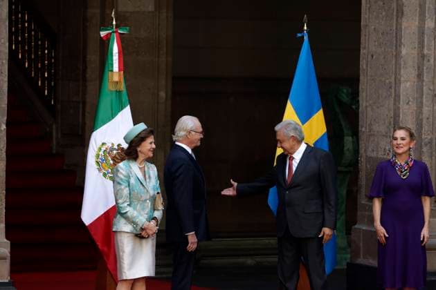 Swedish Royals Visit Mexico - Day 1 March 12, 2024, Mexico City, Mexico: Swedish Queen Silvia, Swedish King Carl XVI Gustaf, Mexico s President Andres Manuel Lopez Obrador and Beatriz GutiÃ rrez Müller attend a welcoming ceremony on the first day of the Swedish State visit to Mexico at the National Palace. on March 12, 2024 in Mexico City, Mexico. (Photo by Luis Barron Eyepix Group) Copyright: xLuisxBarron xEyepixxGroupx LB_12032024_114065