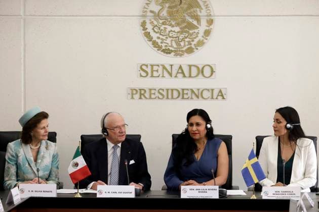 Swedish Royals Visit Mexico - Day 1 March 12, 2024, Mexico City, Mexico: Swedish Queen Silvia, Swedish King Carl XVI Gustaf and President of the Mexican Senate, Ana Lilia Rivera during a press conference after signing agreement ceremony on the first day of the Swedish State visit to Mexico at Mexican Senate. on March 12, 2024 in Mexico City, Mexico. (Photo by Luis Barron Eyepix Group) Copyright: xLuisxBarron xEyepixxGroupx LB_11032024_114107