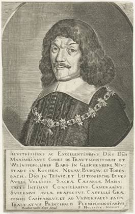 RECORD DATE NOT STATED Portrait of Maximilian, count of Trauttmansdorff, Pieter Holsteyn (II), in or after 1648 - 1670 print Bust to the left of Maximilian, count of Trauttmansdorff. Under the portrait ten lines in Latin. Print from a series of portraits of ambassadors involved in the peace treaty of Munster. Amsterdam paper engraving etching Copyright: xpiemagsx rknbpie14012024-22350 !ACHTUNG AUFNAHMEDATUM GESCHÄTZT!