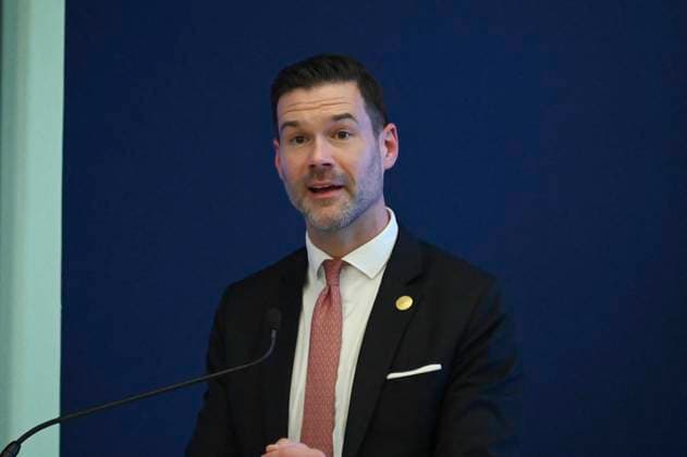 Swedish Royals Visit Mexico - Day 2 March 13, 2024, Mexico City, Mexico: Swedish Minister for International Development Cooperation and Foreign Trade Johan Forssell speaks during the opening of the new engineering center of the telecommunications Swedish company Ericsson on the second day of the Swedish State visit to Mexico. on March 13, 2024 in Mexico City, Mexico. (Photo by Carlos Tischler Eyepix Group ABACAPRESS.COM) Mexico City Mexico  Copyright: xTischlerxCarlos Eyepix ABACAx