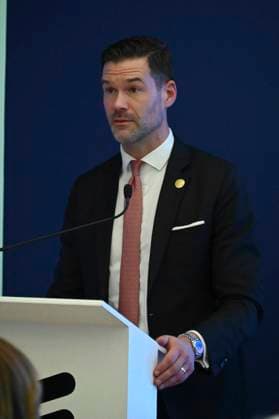 Swedish Royals Visit Mexico - Day 2 March 13, 2024, Mexico City, Mexico: Swedish Minister for International Development Cooperation and Foreign Trade Johan Forssell speaks during the opening of the new engineering center of the telecommunications Swedish company Ericsson on the second day of the Swedish State visit to Mexico. on March 13, 2024 in Mexico City, Mexico. (Photo by Carlos Tischler Eyepix Group ABACAPRESS.COM) Mexico City Mexico  Copyright: xTischlerxCarlos Eyepix ABACAx