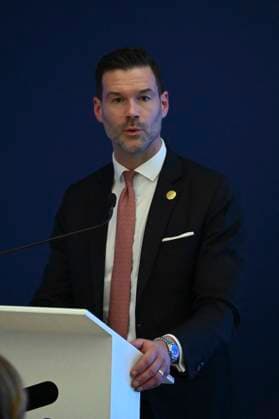 Swedish Royals Visit Mexico - Day 2 March 13, 2024, Mexico City, Mexico: Swedish Minister for International Development Cooperation and Foreign Trade Johan Forssell speaks during the opening of the new engineering center of the telecommunications Swedish company Ericsson on the second day of the Swedish State visit to Mexico. on March 13, 2024 in Mexico City, Mexico. (Photo by Carlos Tischler Eyepix Group ABACAPRESS.COM) Mexico City Mexico  Copyright: xTischlerxCarlos Eyepix ABACAx