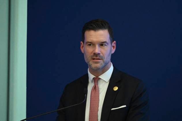 Swedish Royals Visit Mexico - Day 2 March 13, 2024, Mexico City, Mexico: Swedish Minister for International Development Cooperation and Foreign Trade Johan Forssell speaks during the opening of the new engineering center of the telecommunications Swedish company Ericsson on the second day of the Swedish State visit to Mexico. on March 13, 2024 in Mexico City, Mexico. (Photo by Carlos Tischler Eyepix Group ABACAPRESS.COM) Mexico City Mexico  Copyright: xTischlerxCarlos Eyepix ABACAx