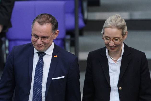 News Themen der Woche KW11 News Bilder des Tages Berlin, Deutschland, 13.03.2024: Deutscher Bundestag: 156. Sitzung: Tino Chrupalla und Alice Weidel, beide AfD *** Berlin, Germany, 13 03 2024 German Bundestag 156 Meeting Tino Chrupalla and Alice Weidel, both AfD Copyright: xdtsxNachrichtenagenturx dts_32542