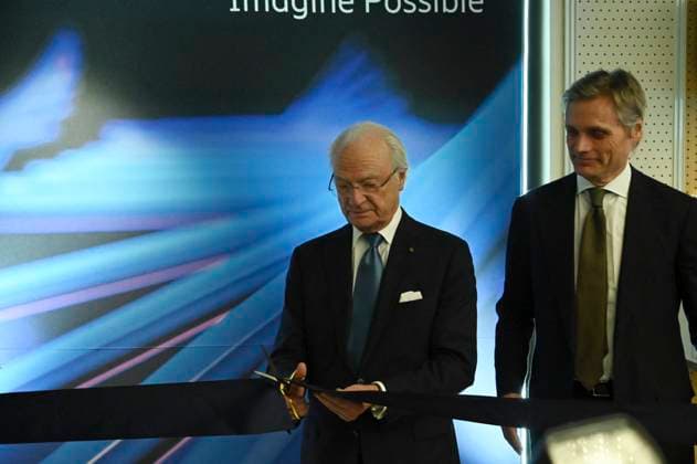 Swedish Royals Visit Mexico - Day 2 March 13, 2024, Mexico City, Mexico: Swedish King Carl XVl cutting the ribbon to inaugurate the new engineering center of the telecommunications Swedish company Ericsson on the second day of the Swedish State visit to Mexico. on March 13, 2024 in Mexico City, Mexico. (Photo by Carlos Tischler Eyepix Group ABACAPRESS.COM) Mexico City Mexico  Copyright: xTischlerxCarlos Eyepix ABACAx