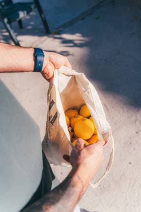 Creative Highlights Symbolbilder A person holds a cloth bag filled with ripe, freshly picked lemons, highlighting sustainable harvesting at home. Model Released IvanAcedo_ID19642_582313_010 Copyright: xIvanxAcedox RECORD DATE NOT STATED