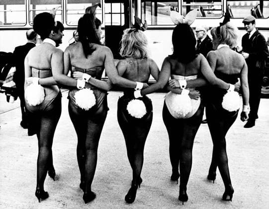 Date: April 25, 1966: London, England, United Kingdom: Back at London Airport yesterday arrived five British Bunny girls, after spending 6 months training at the Playboy Organization headquarters in Chicago. They will act as hostesses at Europes first Playboy Club, in Park-Lane, London. London United Kingdom - ZUMAk09_ 19660425_jtc_k09_521 Copyright: xKeystonexPressxAgencyx