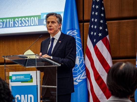 News Themen der Woche KW11 News Bilder des Tages March 15, 2024, Vienna, Austria, Austria: U.S. Secretary of State ANTONY BLINKEN speaks about the effects and growing problem of synthetic drugs at the 67th Session of the UN Commission on Narcotic Drugs at Vienna International Centre..This was also the first time a US head of state ever to attend a meeting of the UN Commission on Narcotic Drugs. Vienna Austria - ZUMAo116 20240315_znp_o116_015 Copyright: xBiancaxOterox